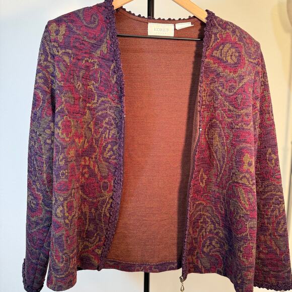 Koret Zip Front Tapestry Knit Jacket Purple Red Paisley Textured Vintage Chic - Picture 3 of 9